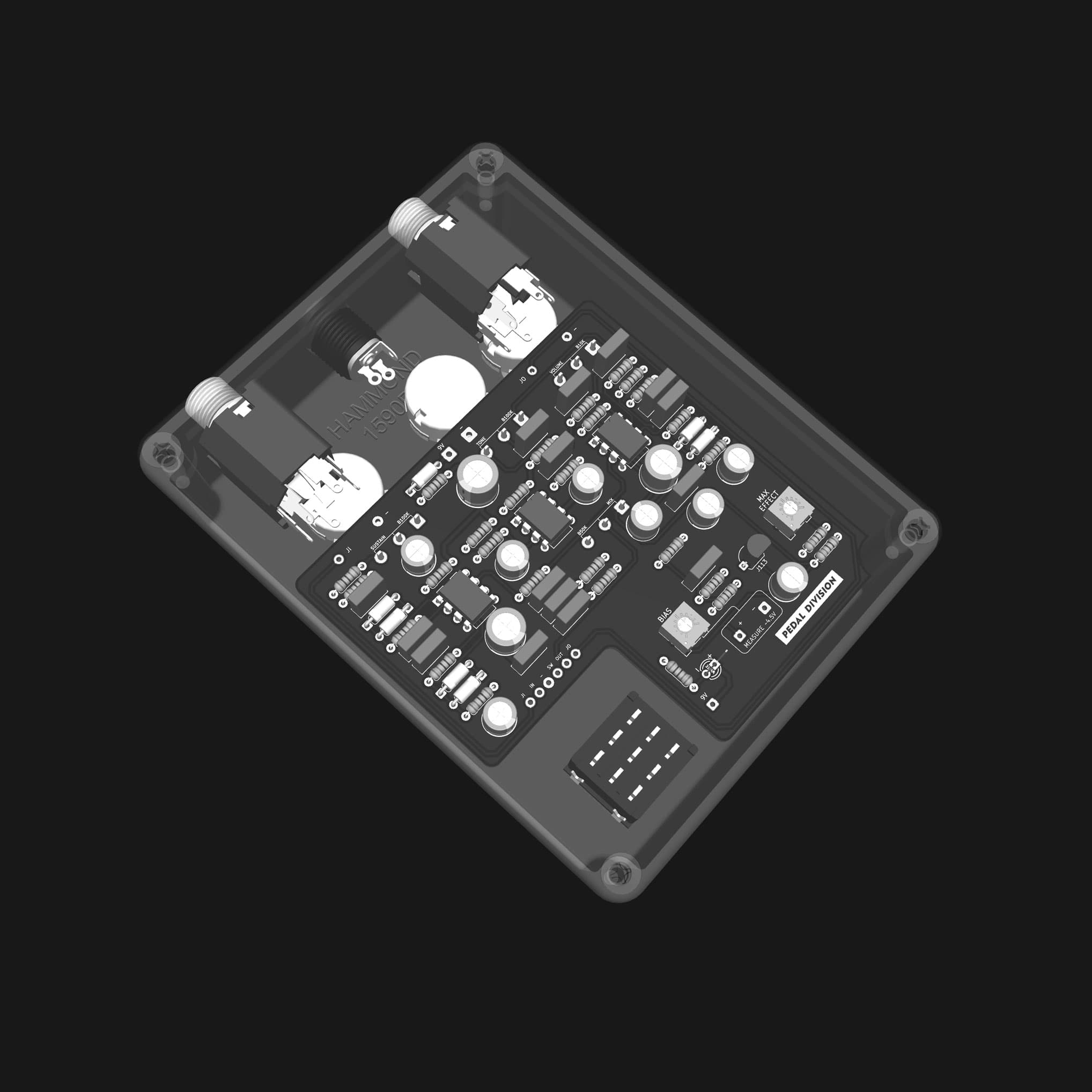 Example of a multi-board Big Muff style guitar pedal PCB layout with a clean blend control.