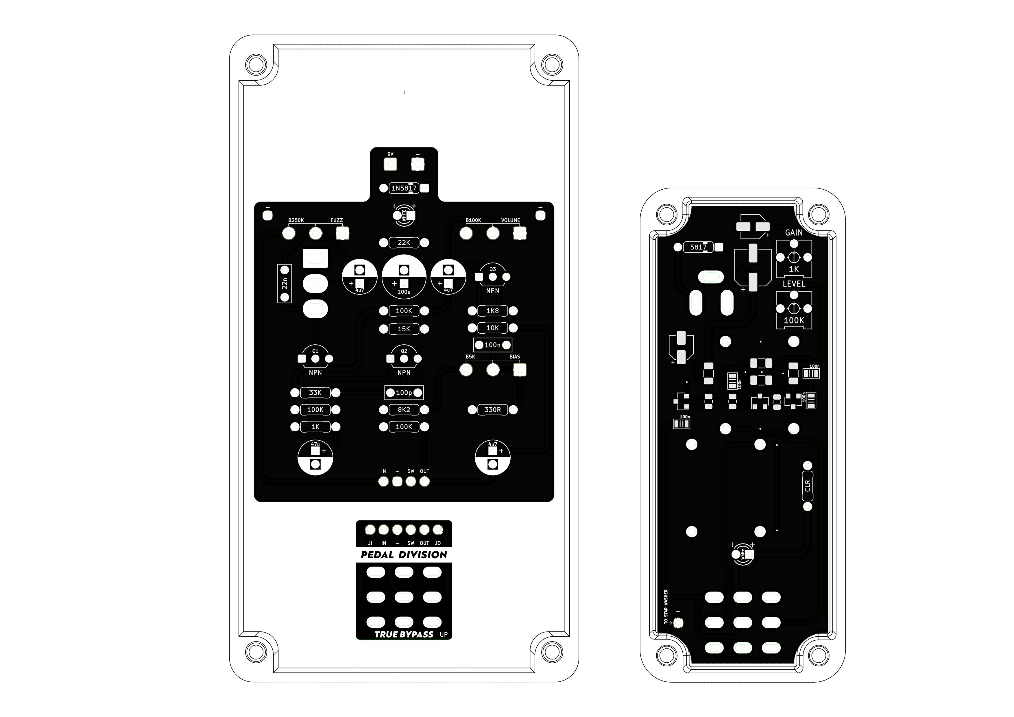 Manufactured guitar pedal PCB showing a practical, build-ready layout.