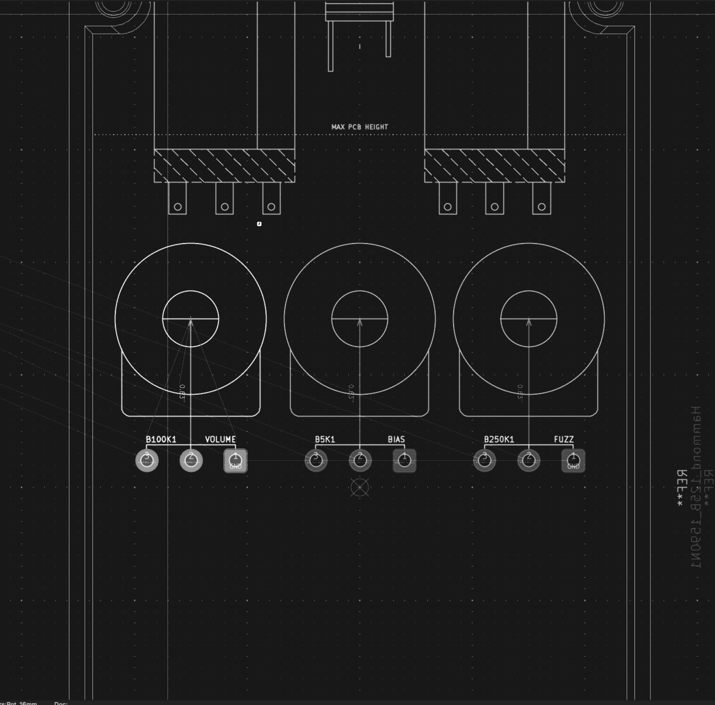 Guitar pedal PCB layout aligned to an enclosure with control and jack placement.
